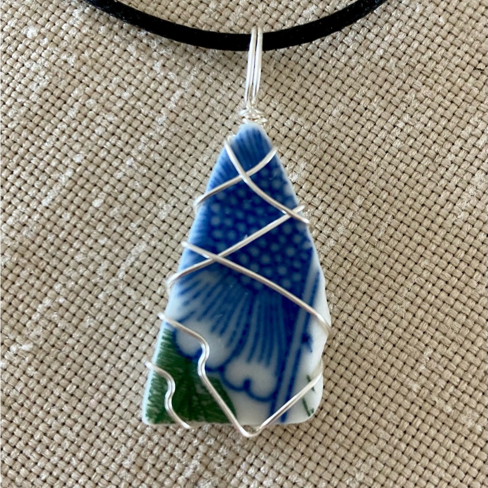 Wire Wrapped Beach Pottery Pendant Necklace
